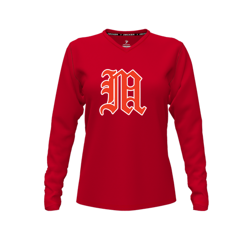 [CUS-DFW-TEES-CMF-VNK-LSL-RED-FYXS-LOGO2] Decker Comfort T-Shirt (Female Youth XS, Red, V Neck, Logo 2, Long Sleeve)